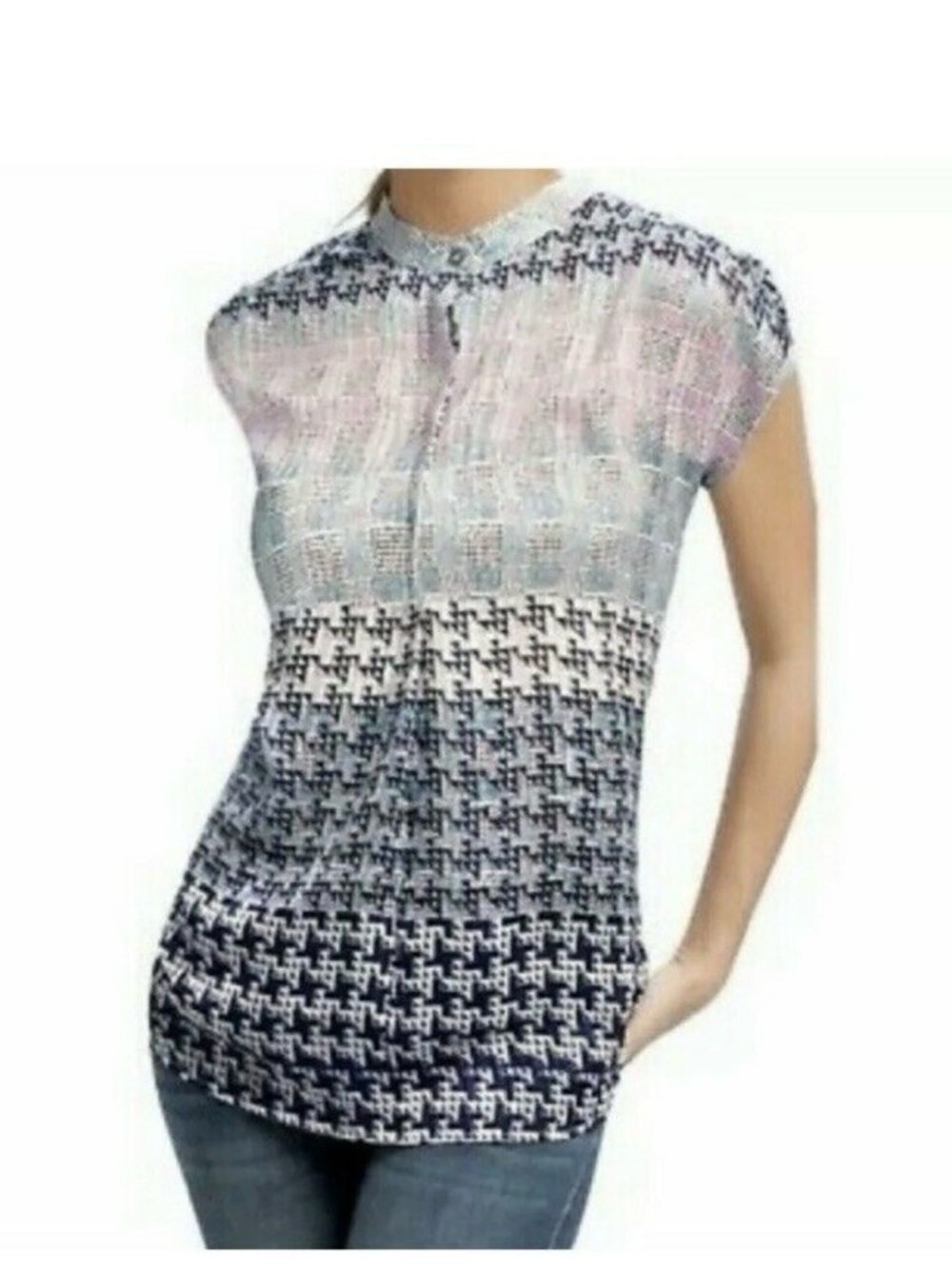 CAbi Navy, White and Pink Patterned Cap Sleeve Top